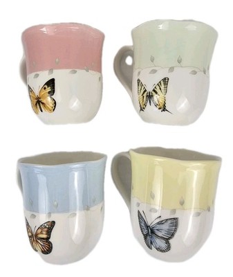 Set of 4 Lenox Butterfly Meadow  Scallop Rim Coffee Tea Cup Mug Porcelain Pastel
