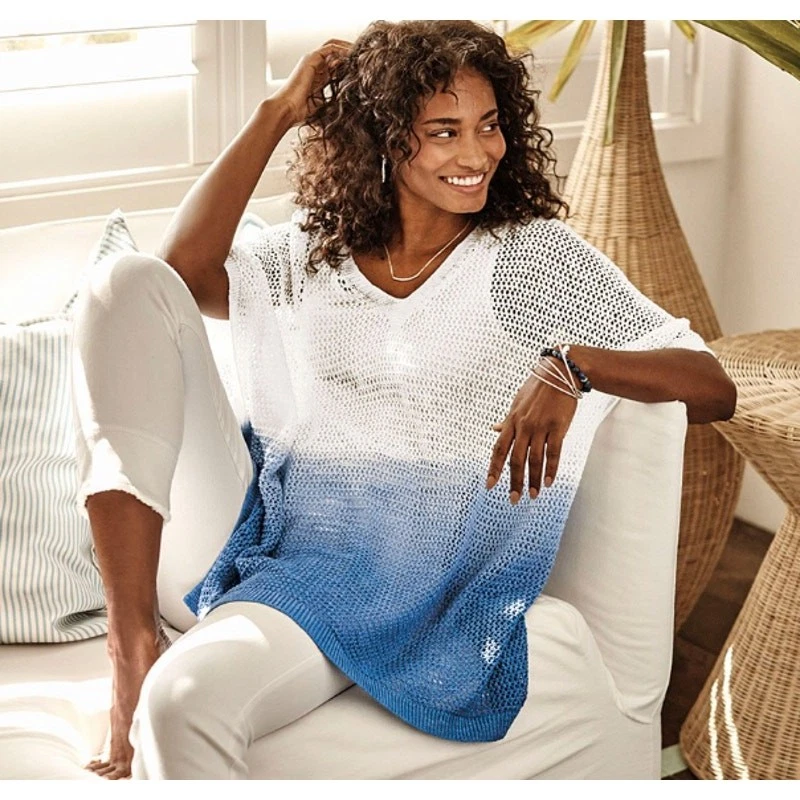 J.JILL Linen Cotton Open Stitch Ombre Crochet Poncho Top Blue White One Size