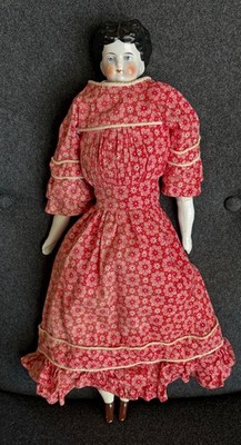 17.5'' Antique China Head Doll - Lowbrow, Curly Hair, Middle Part, Floral Dress