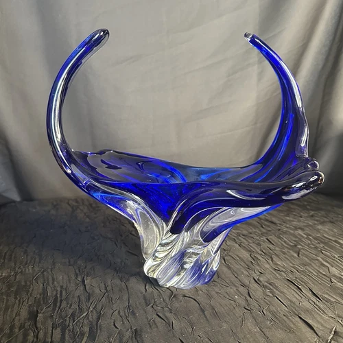 Vintage HANDBLOWN MURANO Glass Bowl Cobalt Blue Basket/Dish