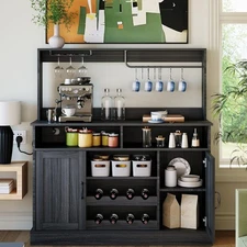 47" Farmhouse Coffee Bar Cabinet w/ Power Outlet, Wine Rack & Hutch Storage
