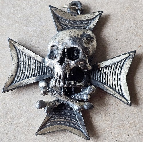 Vintage Skull & Crossbones Maltese Cross Biker Pendant Very Good