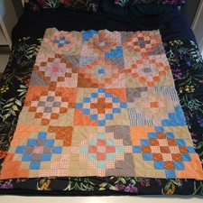 Vtg 70s 39 x 52" Hand Made 2 Sided Patchwork Quilt Polyester Multi Throw Lap