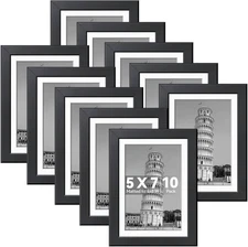 10 Pack 5x7 Black Picture Frames with Mat, Wall or Tabletop Display, Durable Woo