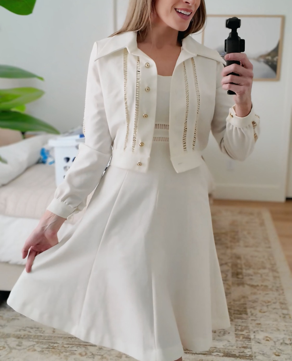 Alfred Werber 2pc Vintage 60s White Polyester Dress Cropped Jacket Set Sz 3  M/S | eBay