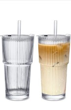 Glass Tumblers, 2Pcs Ribbed Tumblers with Lids and Glass Straws, Drinking Jars,