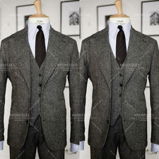 Vintage Men's Suit Woolen Tweed Outfits Single Breasted Workwear Jacket 3Pcs
