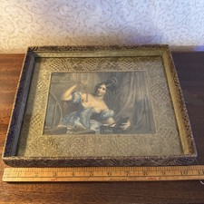 Victorian Print Framed Wood Tray Brocade Behind Glass