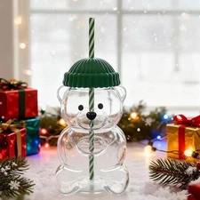2026 Xmas STARBUCKS New Glass Bear Cold Cup With Straw  Mug Jar Coffee Cup AE