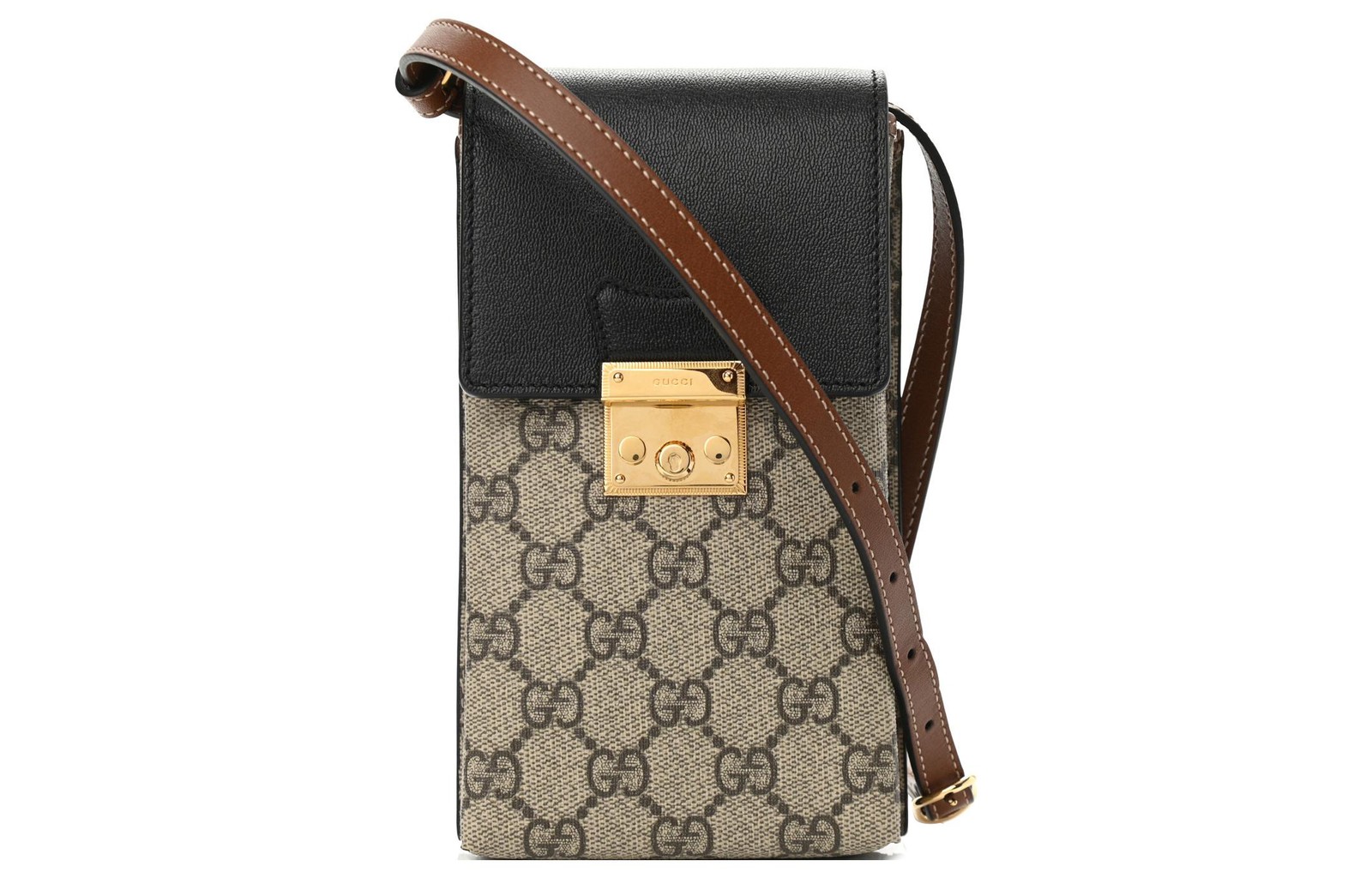 Gucci Adjustable Shoulder Strap Snap Closure Coated Canvas And Leather Phone Bag