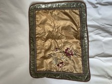 Vintage Floral Embroidered Pillow Sham Standard Gold Sage Green Velvet Trim 26"