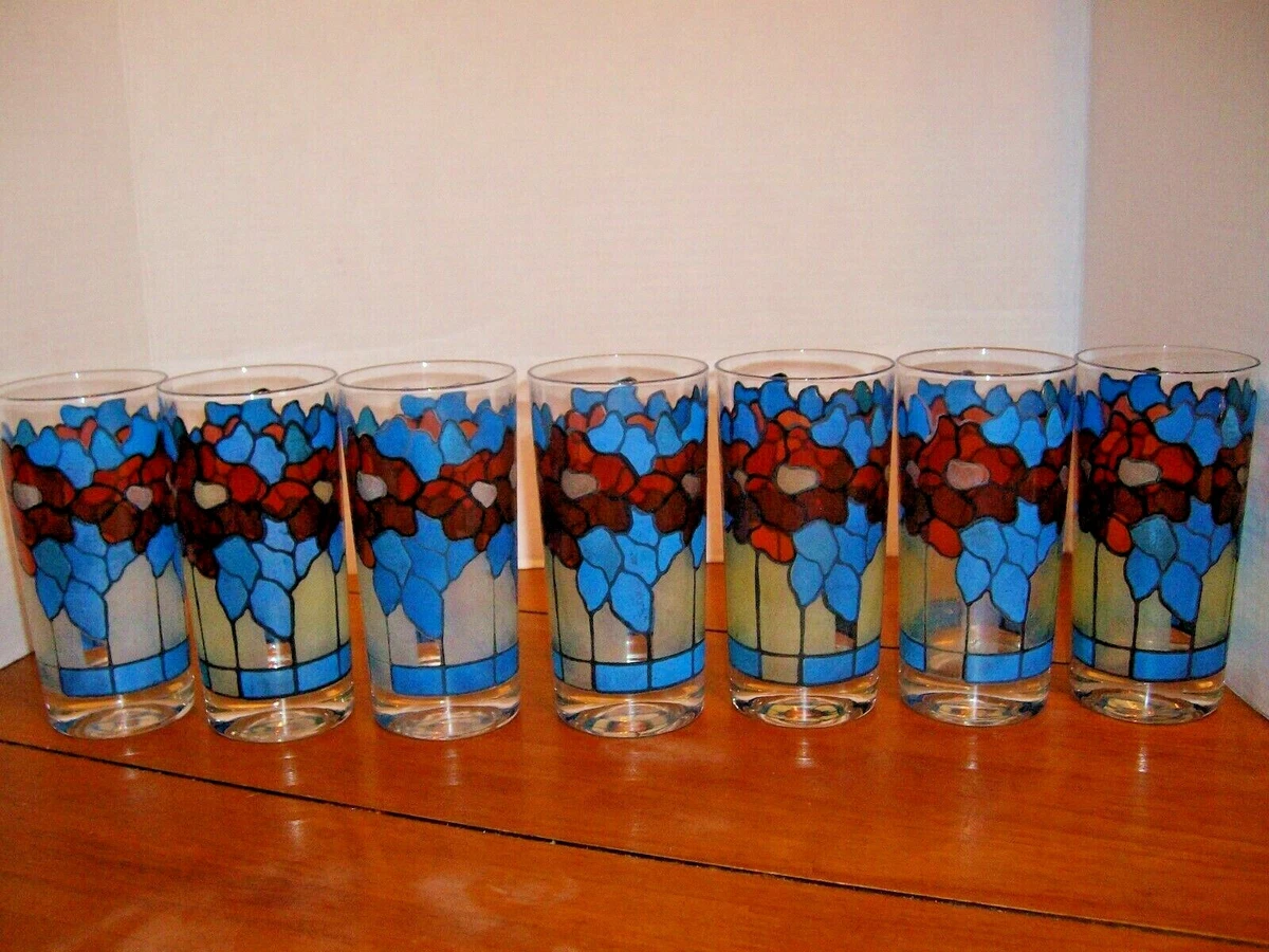 VINTAGE Set Of 7 BLUE & RED STAINED STYLE GLASS DRINKING GLASSES ~ 12 oz