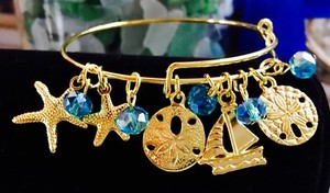 Authentic Sand dollars Star Fish & Sail Boat Gold Plated charm Expandable Bangle Bracelet
