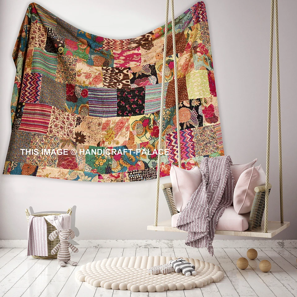 Colcha Kantha Edredón Retazos Algodón Indio Manta Hecha a Mano Talla Doble Loca Foto 4 de 4
