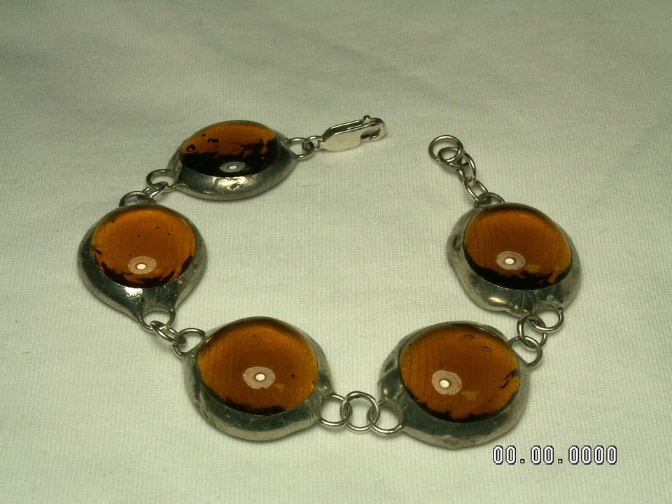 ...Sterling Silver & Pewter Domed Amber Glass Sections Bracelet,,, - Image 3 of 4