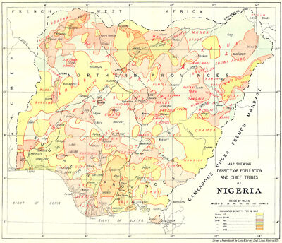 NIGERIA. Kartendichte Bevölkerungs- & Häuptlingsstämme 1936 alte Vintage Karte