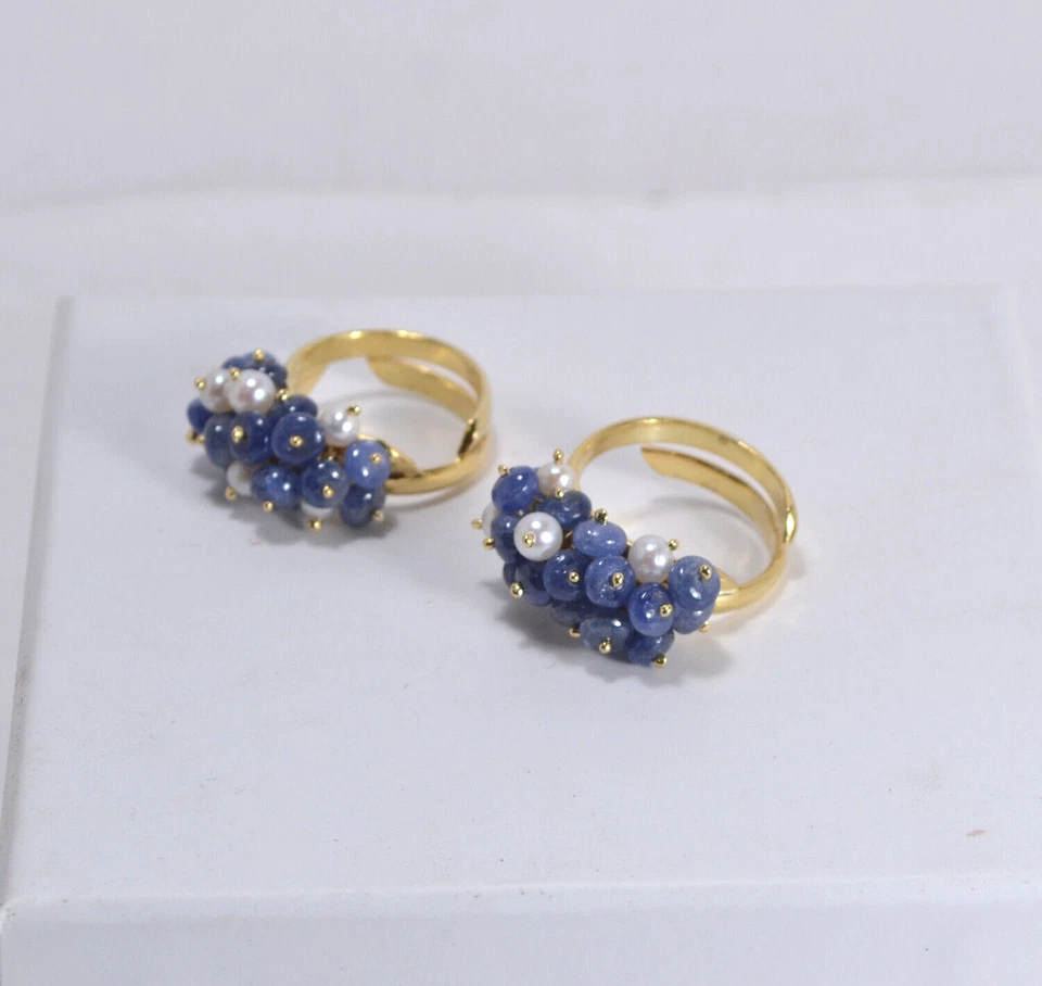 ANELLI ARGENTO 925 DORATO ZAFFIRI E PERLE  NATURALI  REGOLABILE        AGNK 095 - Immagine 2 di 3