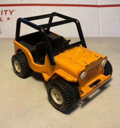 Vintage Tonka Toy Pressed Steel Bone Bruzzer Orange Yellow Rollbar Jeep - Afbeelding 1 van 6
