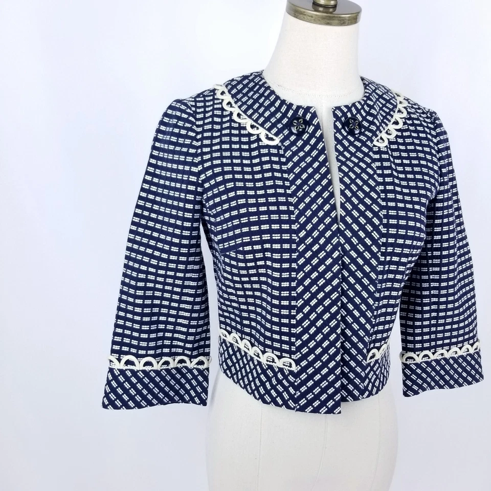 Chaqueta Blazer Recortada Trina Turk Talla 0 Azul Blanco Forrada Geométrica Manga 3/4 Foto 2 de 4