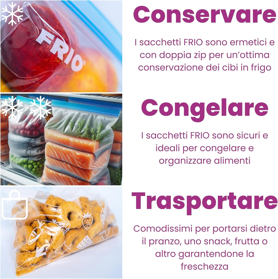 65 sacchetti per congelatore e sandwich, tre dimensioni, con doppia chiusura lampo, riutilizzabili, per snack, frutta, zuppe, fondo largo
