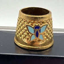 Tailors Thimble Open Top Marked 16 Germany Gold Tone w/Blue Enamel Butterfly