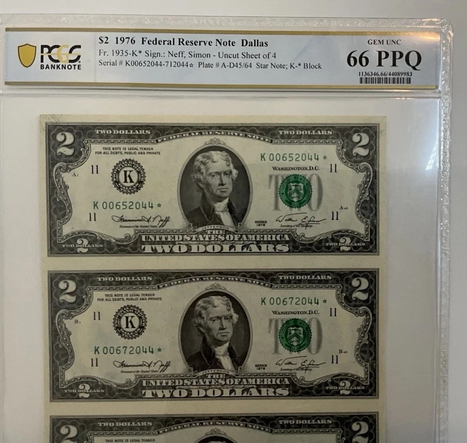 1976 $2 Federal Reserve Note Uncut Sheet of 4 Star Notes – Dallas K –PCGS 66 PPQ - Image 3 of 4