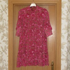 Boohoo brown pink floral puff sleeve ruffle high neck babydoll layer dress UK 16
