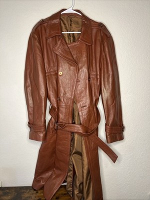 Vintage ECHTES LEDER Brown Leather Belted Crossover Trench Coat Germany