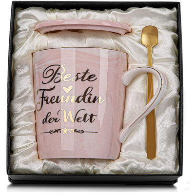 Freundschaftsgeschenk Rosa Tasse 400 ml Keramik mit Deckel Karte