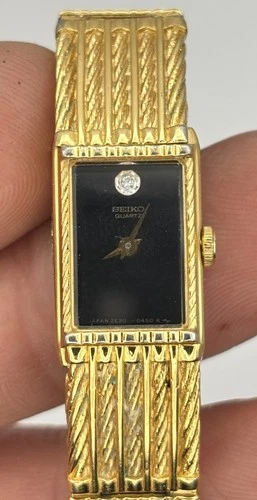 Seiko Tank Watch Women 12mm Black Dial Gold Tone 2e20-5269 #8.17