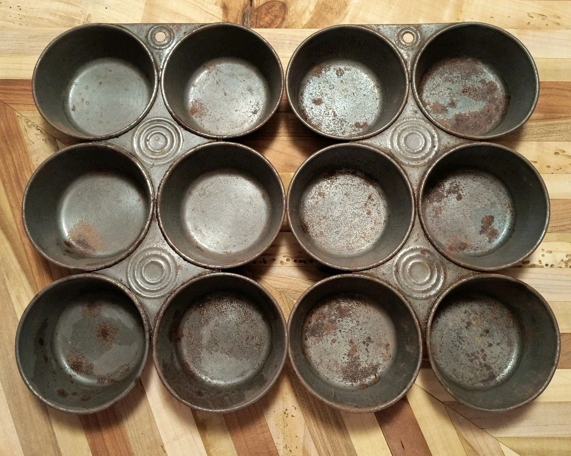 Antique ~ Two Metal Cupcake/ Muffin Pans 6 Muffins Each Patina Primitive
