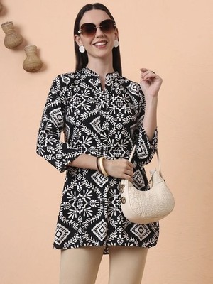 Indische Damen SCHÖNES schwarz & weiß Baumwolle bedruckt Kurta Kurti Top...