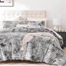Fluffy Queen Comforter Set - Tie-Dye Grey Fleece  2 Pillow Cases