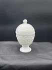Vintage 1960's Avon White Milk Glass Floral Daisies Footed Trinket Vanity Jar