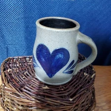 Rowe Pottery Works Coffee Mug / Cup Blue Flower Salt Glazed