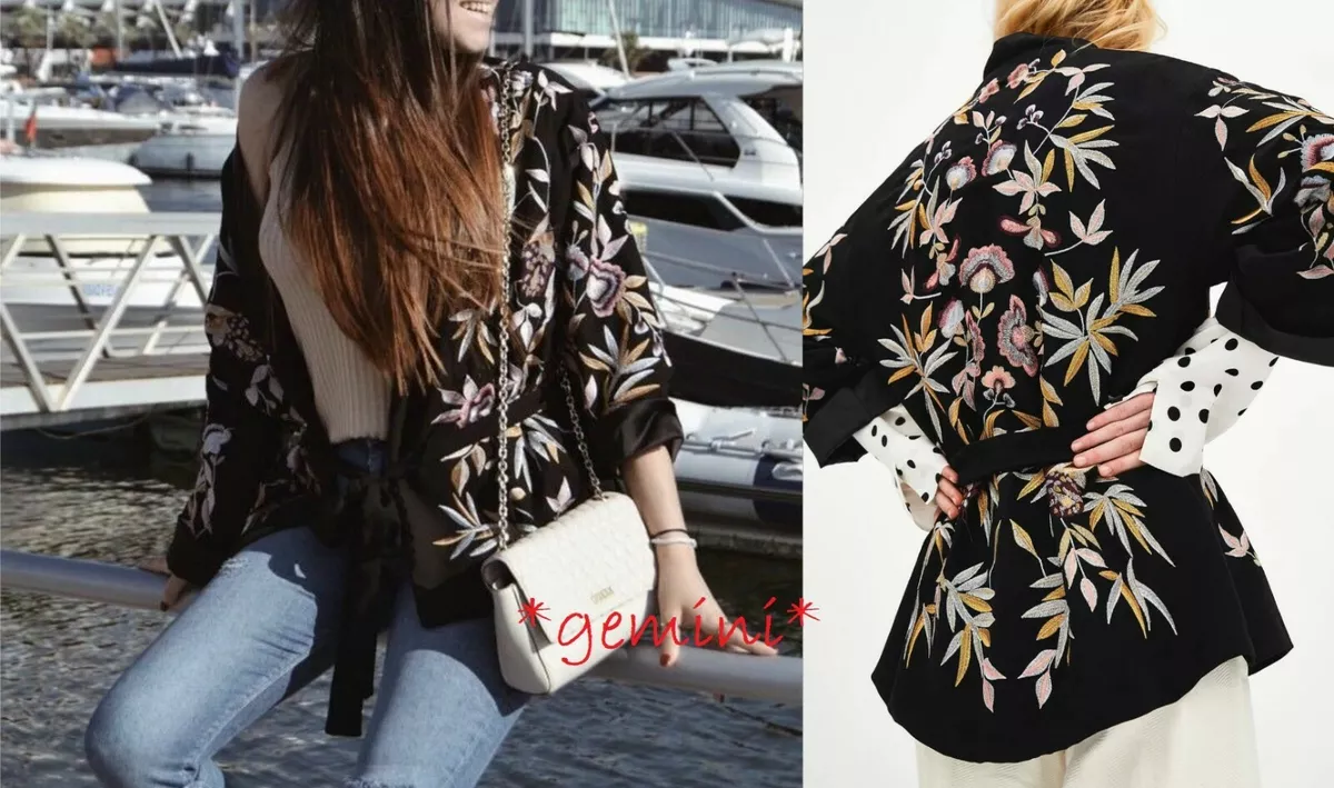 Zara Kimono Chaqueta Bordado Floral Cinturón Belted Chaqueta Talla S M L | eBay