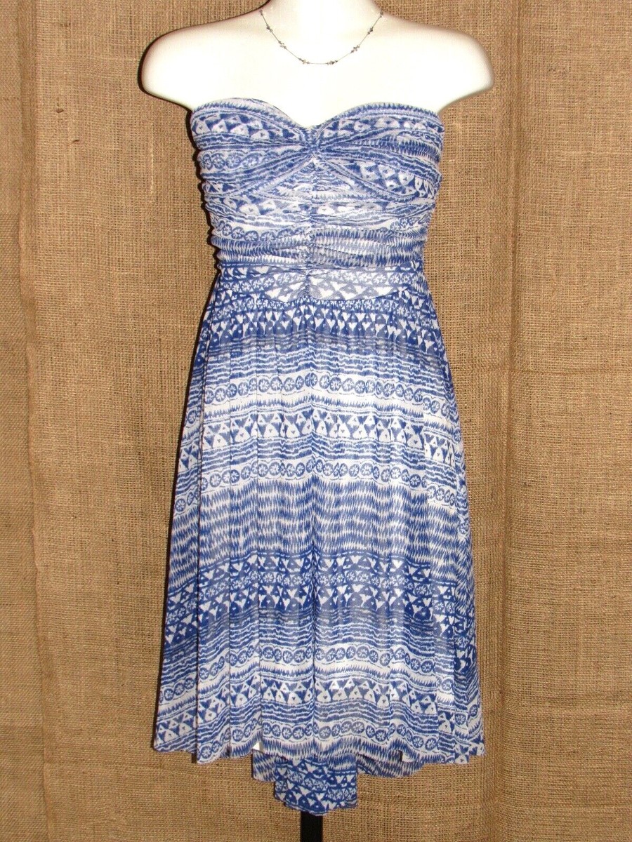 FREE PEOPLE Blue Abstract Asymmetric Strapless Flowy Dress SZ L/G