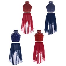 Kids Girls Outfits Tutu Dancewear Performance Set Lyrical Crop Tops With Skirt