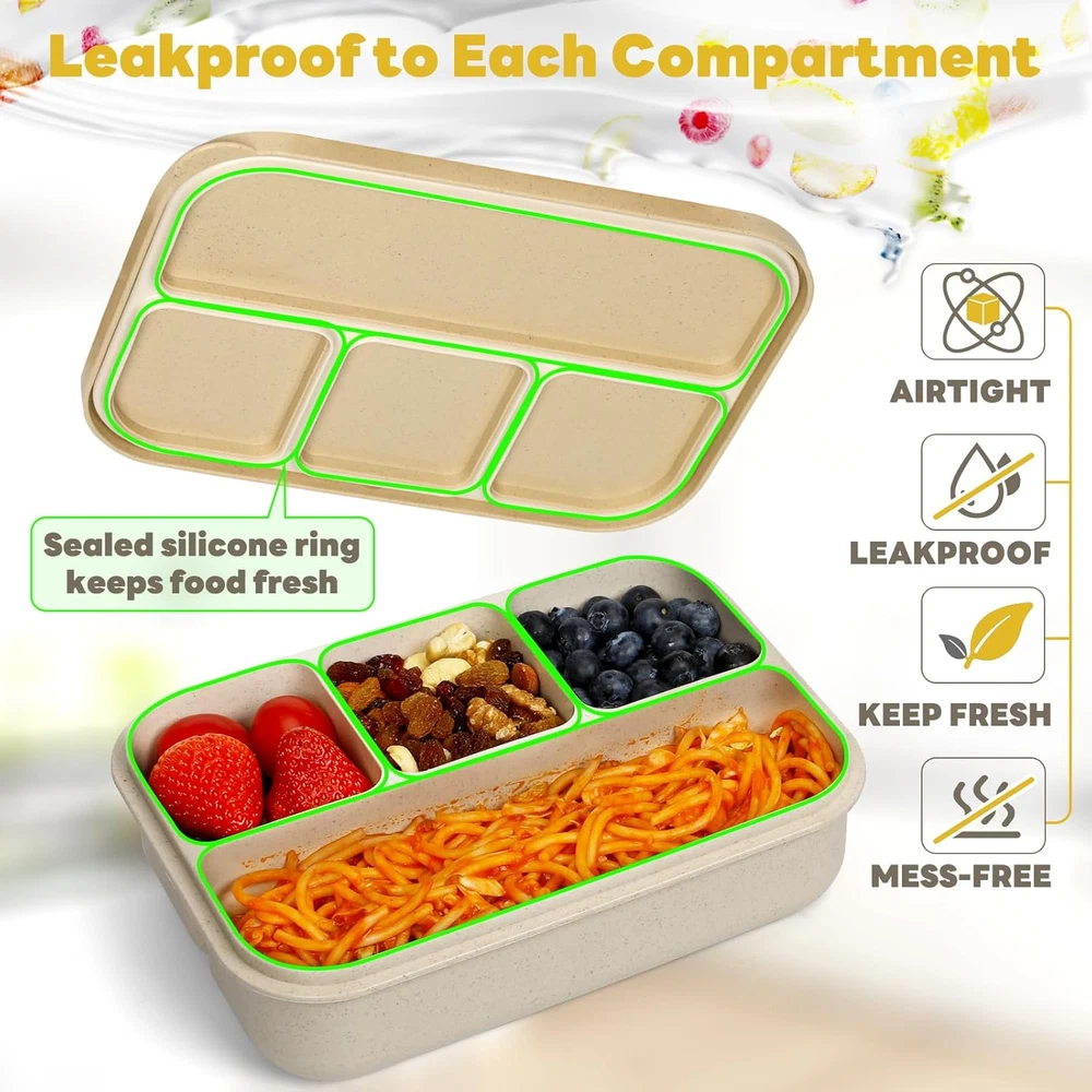 Bento Lunch Box for Kids, Wheat Straw 5.5 Cups Leakproof Adult Bento Box with 2