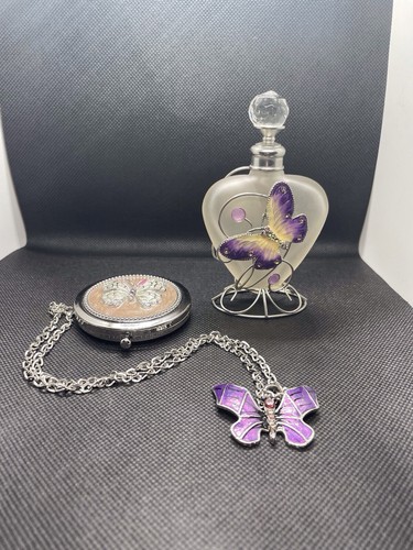 VINTAGE FROSTED GLASS ENAMEL FLOWERS & BUTTERFLY SCENT BOTTLE, NECKLACE & MIRROR