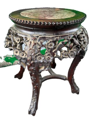 Chinese Carved Rosewood Stand With Marble Insert On The Top.