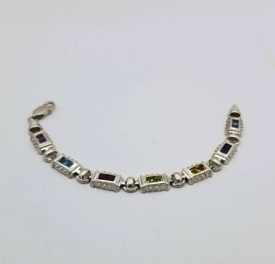 Sterling Silver Multi-gemstone Bracelet Purple Blue Yellow Green Earring Set - Image 4 of 4