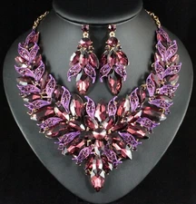 Luxury Purple Austrian Rhinestone Necklace Earrings Set N957P Gold Plated