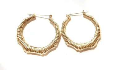BAMBOO HOOP EARRINGS TEXTURED GOLD TONE 2 INCH HOOP EARRINGS