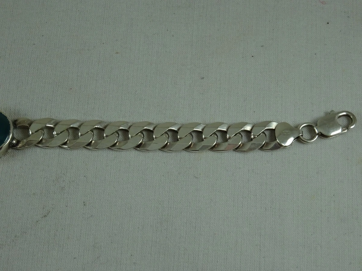 Curb Chain Oval Green Carved Stone Sterling Silver Bracelet 9