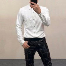 Hommes Brillant Simili Cuir Chemise Longue Haut Manche Slim Fête Showman Costume
