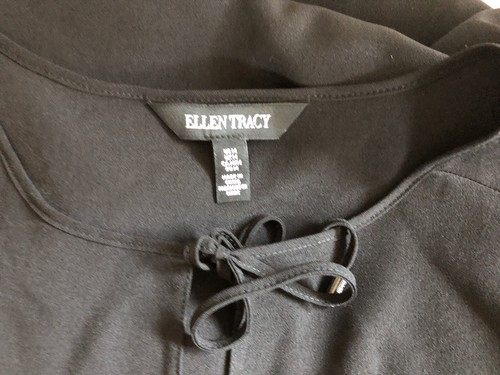 Ellen Tracy Top Black Silky Polyester Peasant Tunic Tie Neckline Bell Sleeve - M - Picture 6 of 8