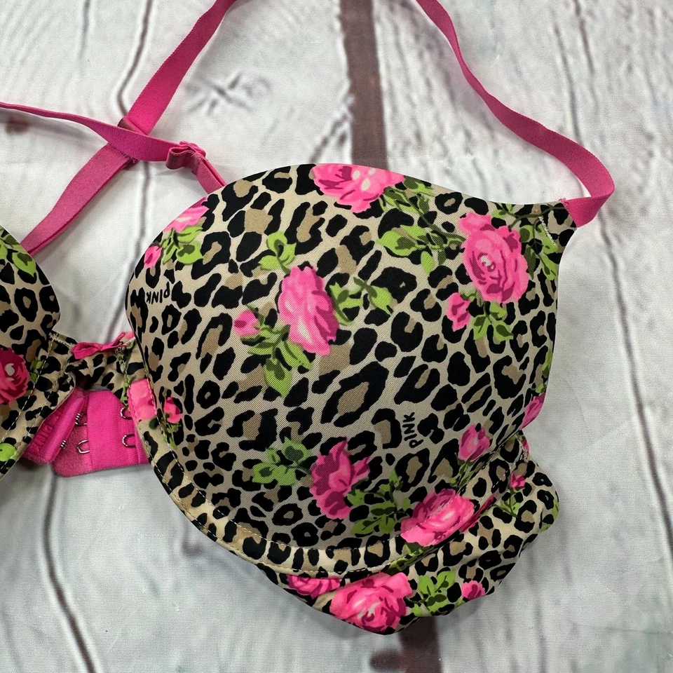 PINK Victoria's Secret Bra Womens 34B Leopard Pink Rose Floral Push Up - Image 2 of 4