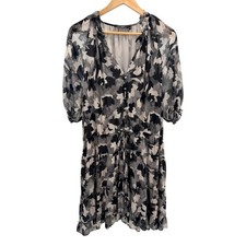 Lauren Ralph Lauren Chiffon Dress 16 Black White Abstract Floral Puff Sleeve