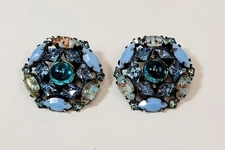 Vintage Schreiner Earrings Aqua Cabs Blue Milk Glass Gold Flake Rhinestones 